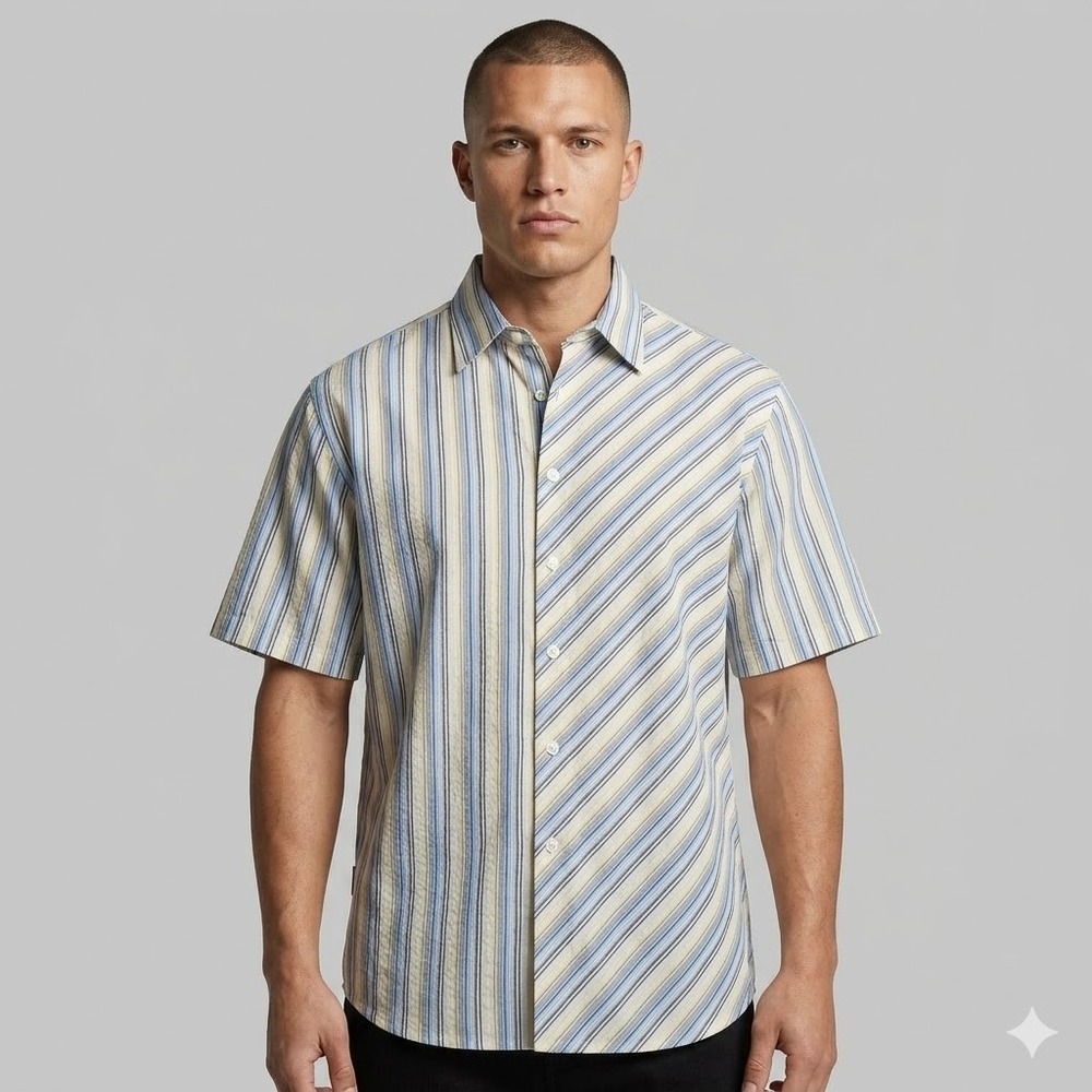 Karl Kani Striped Short Sleeve‎ Button Up Shirt Asymmetrical Urban Mens XL